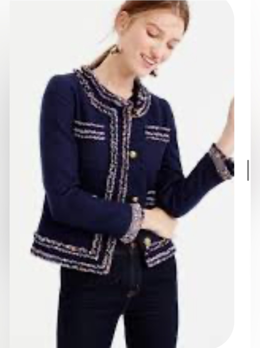 J.Crew Lady Tweed Jacket Liberty Floral Trim Navy Bouclé Button Front Blazer